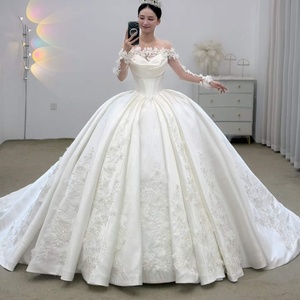 Lsjj151 Elegant Ivory Satin <b>Wedding</b> Draped Floral Applique Ball Gown Backless Chapel Floor-Length Sweetheart Neckline Bridal - Product Image 1