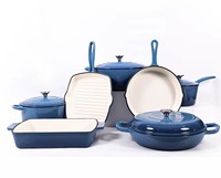 Ensemble de 11 pièces de batterie de cuisine en fonte émaillée de haute qualité, blanc, comprenant une marmite à soupe, une casserole à lait et une poêle carrée, idéal pour un cadeau
