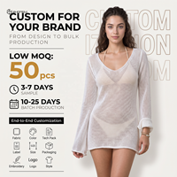 Robe de plage en maille ajourée pour femme, col en V, manches longues, longueur midi, couleur unie, sexy, pour les vacances, cache-maillot de bain blanc, tenue de villégiature bohème