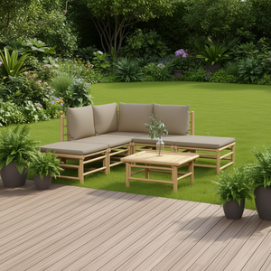 Ensemble de salon de jardin modulaire en bambou 6 pièces, mobilier d'extérieur au design contemporain, coussins taupe, pour usage extérieur - Product Image 2