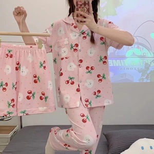 Ensemble <span class=keywords><strong>de</strong></span> pyjama à manches courtes à imprimé mignon en trois pièces, en <span class=keywords><strong>coton</strong></span> laiteux, vêtements <span class=keywords><strong>de</strong></span> nuit pour femmes, tailles M L XL 2XL, taille asiatique - Product Image 2