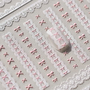 Autocollants 5D en relief pour ongles, motif nœud de ballet, dentelle et cœur, rose et blanc doux, autocollants adhésifs pour manucure - Product Image 1