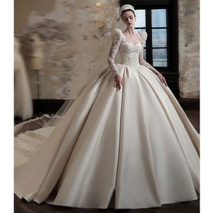 חם למכירה מתקדם מרקם חרוזים צפלים שרוול ארוך רטרו צרפתי סאטן שמלת כלה חדשה שמלת כלה גדולה חדשה שמלות כלה גדולה מגורדת קלאסי - Product Image 2