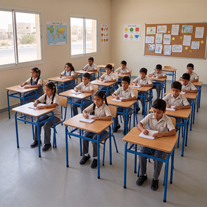 Meubles de classe scolaire modernes, ensemble pupitre et chaise fixes pour élèves du primaire, métal + contreplaqué PT-108A, utilisation en classe scolaire - Product Image 4