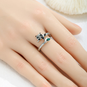 Panda Animal Open <b>Ring</b> Silver <b>Adjustable</b> With Green Leaf Design Unisex Jewelry Gift - Product Image 1