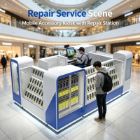 Kiosque mobile de réparation de téléphones personnalisé, bleu et blanc, avec étagères de présentation en verre multicouche, comptoir de caisse POS intégré et éclairage LED
