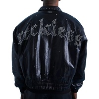 Blouson bomber personnalisé en cuir PU coupe-vent à motif uni avec fermeture éclair ornée de strass, logo personnalisé et délai de livraison d'échantillon de 7 jours pour hommes