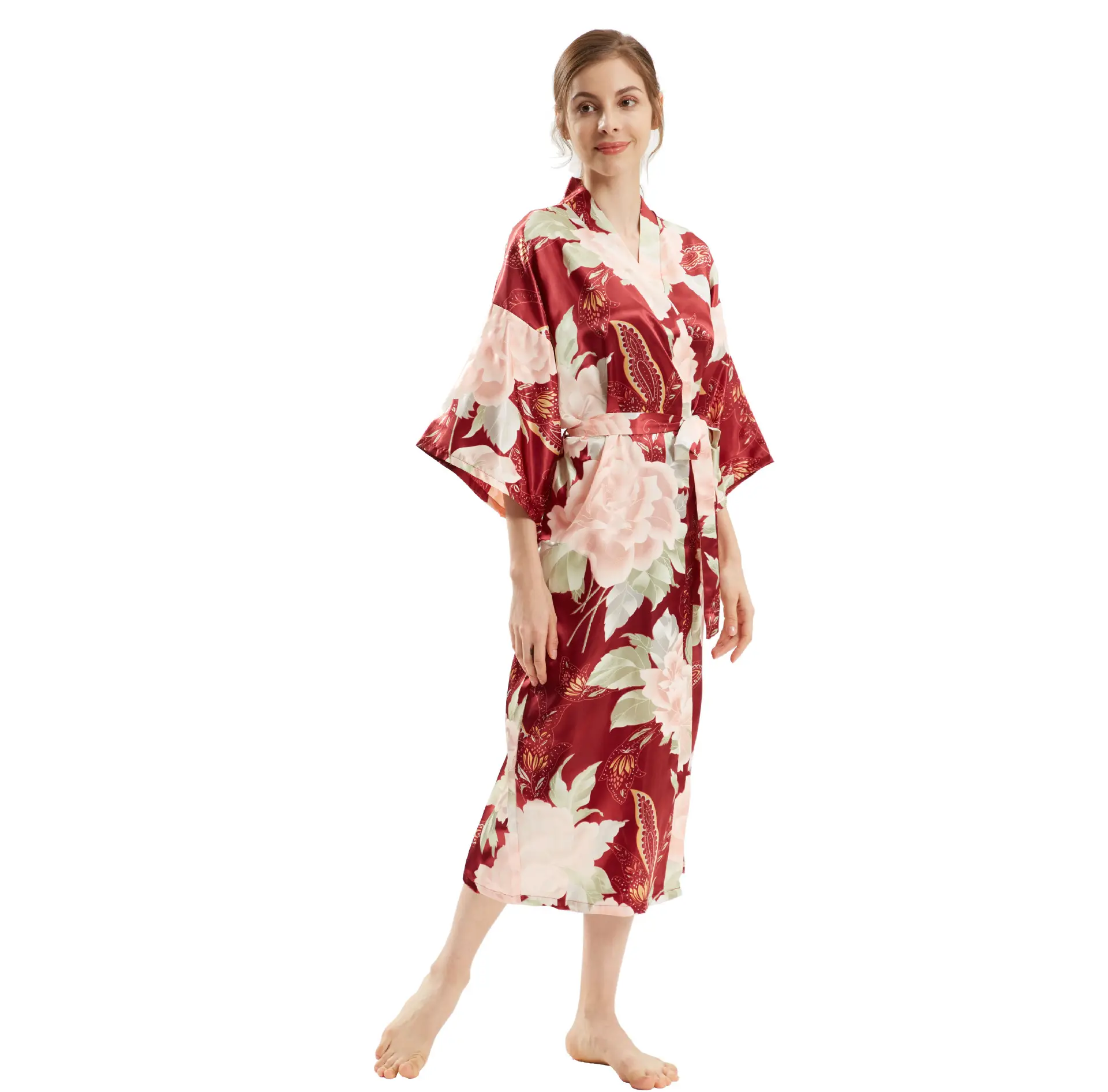 Custom Color Long Bridesmaid Dresses 100% Polyester Like-Silk Pajamas Women Cardigan Silk Pajamas