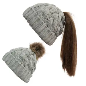 warm chunky women raccoon fur high magnetic knit winter beanie hat snow bobble pom pompom stripe mom me cold ponytail pony tail