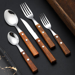 Stainless Steel Western Steak Knife <b>Fork</b> <b>Spoon</b> <b>Set</b> With Wood Handle Dishwasher Safe 5 Piece Flatware For Picnic - Product Image 1