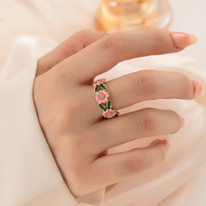 MyMuyu French Retro Enamel Rose Drop <b>Open</b> <b>Ring</b> Pink Camellia Flower Index Finger <b>Ring</b> For Women Gift Jewelry - Product Image 1