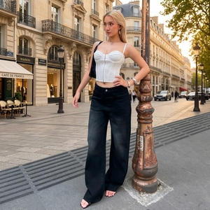 Wholesale Trendy Sablex Black Wide Leg Jeans 25cm <b>Thigh</b> Wash Men And Women Casual Street Style Anti Wrinkle Custom - Product Image 1