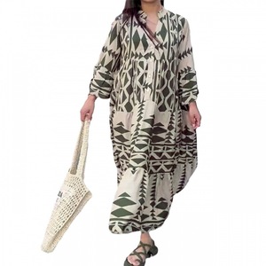 IStapromo Gifts Maxi <b>Dress</b> V-Neck Lantern Sleeve Geometric Print Loose Fit Summer Casual Woven Fabric Asymmetric Hem - Product Image 2