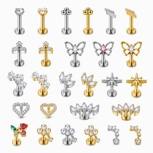 Pendientes de titanio ASTM F136 sin rosca para mujer, tipo labret, hélice, cartílago, parte trasera plana, oro, de inserción, para piercing corporal, venta al por mayor - Product Image 1