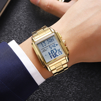 Jam Tangan SKMEI 2405 Terbaru, Jam Azan Muslim, Gaya Metal, Jam Digital Sport Pria, Mewah, Warna Emas