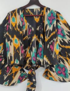 Haute qualité élégant bohème imprimé fleuri coton haut court manches cloche Hippie Wrap cravate conception à la mode été sans col - Product Image 3