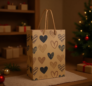 Sacchetto Regalo in Carta Kraft Mi House Market con Design a Cuori a Righe e Manici Intrecciati, Stampa Serigrafica per Creazioni Artigianali - Product Image 2