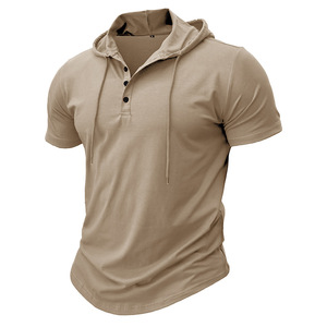 <span class=keywords><strong>T</strong></span>-<span class=keywords><strong>shirt</strong></span> de fitness à manches courtes de style européen américain pour hommes, coupe ajustée, haut à capuche, chemise Henley en tissu tricoté pour le sport et le fitness - Product Image 2