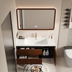 Modern Wood Tone Bathroom Vanity with LED Time Display <b>Mirror</b> Heat-Bent Integrated Basin <b>Wall</b>-Mounted Storage Cabinet - Product Image 5