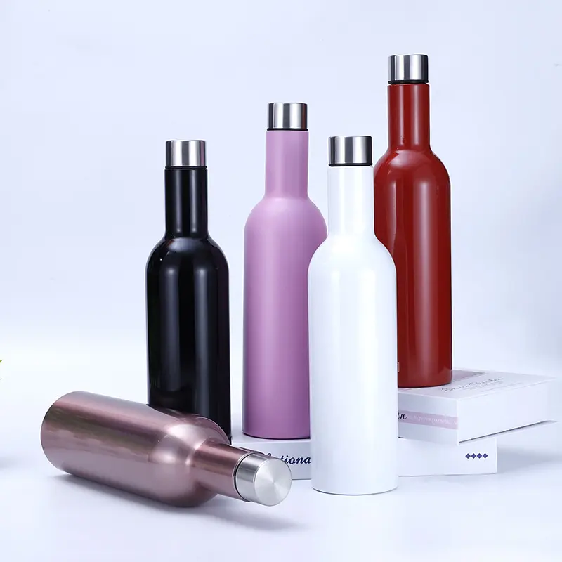 Topnovo 2024 Eco Friendly Double Walled 18/8 Stainless Steel Red Wine Shaped Narrow Mouth Water Bottles Wine Bottle