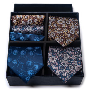Coffret Cadeau de Luxe 3 Pièces : Cravate, <span class=keywords><strong>Mouchoir</strong></span> et Boutons de Manchette pour Homme, Accessoires de Costume Points Dorés sur Fond Noir - Product Image 6