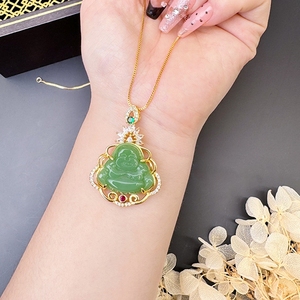Pingente de Buda com Corrente Banhada a Ouro <span class=keywords><strong>24k</strong></span>, Clássico, com Jade Verde, Amuleto da Sorte, Joia da Moda para Mulheres e Homens - Product Image 3