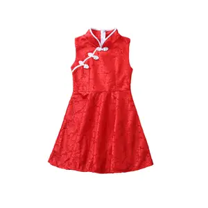中式婴儿恢复古风花蕾丝绸红色旗袍女童连衣裙