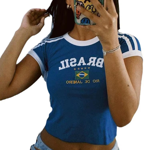 Summer Casual Round Neck Tee Hot Sale Retro Slim Fit Raglan Sleeve Contrast Sexy Letter Cropped Top <strong>T</strong> <strong>Shirt</strong> Women - Product Image 1