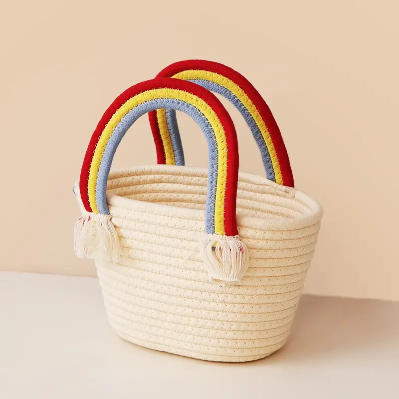 Bolso de mano con diseño de nubes de arcoíris, cesta de almacenamiento de aperitivos tejida de paja, hecho a mano, de algodón trenzado, para vacaciones en la playa