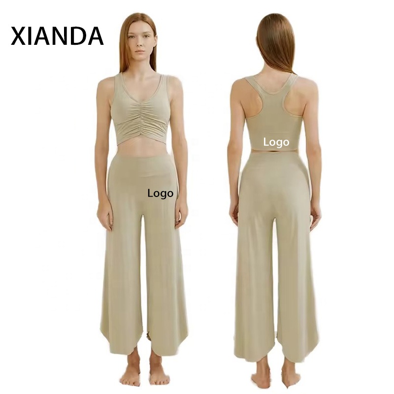 XIANDA New Fashion Solid Breathable Lightweight Slimming Pleated Vest Elastic Waist Wide-Leg Pants Gym Fitness Yoga Sports Suit
