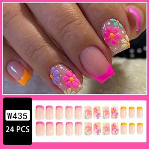 Lot de 12 faux ongles classiques français européens en amande, motif tournesol multicolore violet, à presser, semi-couvrants, pré-dessinés, avec colle - Product Image 2