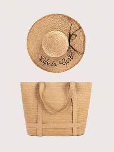 Women's Holiday Style Straw Woven <b>Bag</b> with Zipper Closure New Arrival Straw <b>Hats</b> - Product Image 3