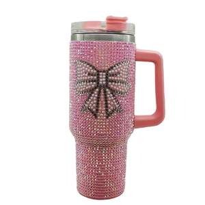 Gobelet isotherme rose 40oz avec poignée, strass, couvercle et paille, pour porte-gobelet de voiture, double paroi - Product Image 1