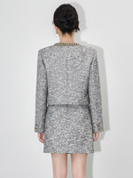 Ensemble tailleur tweed automne-hiver de qualité supérieure pour femme, col rond, manches longues, manteau à simple boutonnage, mini-jupe crayon, 2 pièces avec strass