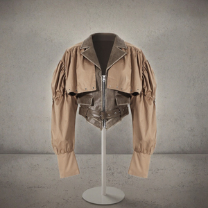 Chaqueta corta marrón estilo Y2K con mangas abullonadas para mujer, con cremallera, cuello vuelto, cinturón con ojales, estilo motero, de piel sintética. - Product Image 2