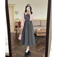 Robe midi trapèze à col à revers et manches longues bouffantes à fines rayures, effet deux pièces, pour femme, printemps-automne