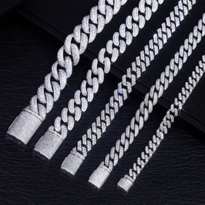 Wide 6 8 10 12 15mm 925Silver Fine Hiphop Jewelry Bracelet Cuban Link Chain Handmade Inlay Moissanite Diamond Cuban <b>Necklace</b> - Product Image 2