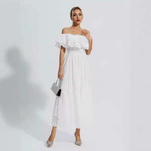 Vestido largo elegante con hombros descubiertos, cintura imperio, espalda descubierta, transpirable, para mujer. - Product Image 3