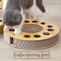 Jouet interactif pour chat : Griffoir en carton avec cadre en bois et balles sur rail à ressort pour petits animaux