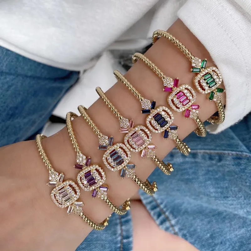 High Quality Candy Multicolor Crystal Diamond Charm Bracelet Unique Design Exquisite Luxury Square Zircon Bead Chain Bangle