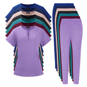 थोक फैशन महिला नर्स शाही नीले रंग जिपर गर्दन और आकार की छोटी आस्तीन स्ट्रेची मेडिकल स्क्रब वर्दी सेट - Product Image 3