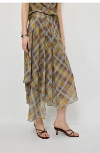 Jupe longue décontractée et tendance pour femme, respirante, naturelle, d'été, tissée, avec fermeture éclair, marron à carreaux - Product Image 3