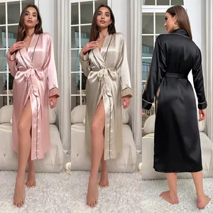 Summer Solid Color Luxury Silk Robe Sleepwear Women Lace Satin Gown Set Robe Dress Women Sleeping Robe For Women