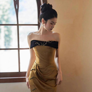 Women's Strapless Retro Toasting Dress Natural Waist Embroidered Vintage Coming Of Age Ceremony Wedding Dress - Product Image 2