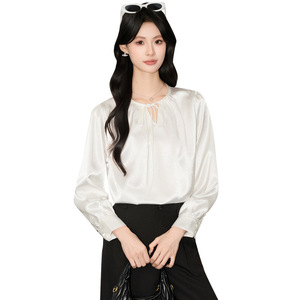 Women's French Style Round Neck Tie Front Shirt Long Sleeve Solid Color Satin Blouse Commuting Top <b>White</b> Q9840 - Product Image 5