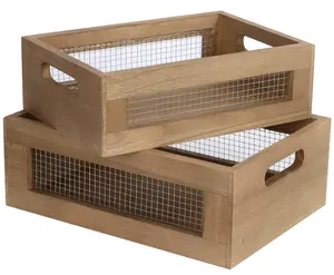 木制嵌套台面篮一套3个木箱，带把手装饰木质和金属丝储物组织器