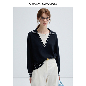 Vega Chang Dệt Kim Mùa Thu Mới 2025 Preppy Chắp Vá Hai Dài Tay Đan Tops - Product Image 4