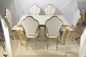 Table de <span class=keywords><strong>salle</strong></span> à <span class=keywords><strong>manger</strong></span> rectangulaire de luxe, moderne et légère, ensemble de chaises en acier inoxydable pour hôtel ou restaurant, meubles en métal avec dessus en marbre - Product Image 2