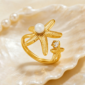 HB0760 Anillo Abierto de Acero Inoxidable con Estrella de Mar y Perla, Estilo Boho, Ojo de Sol en Oro de 18k, Ajustable, para <span class=keywords><strong>Mujer</strong></span>, Joyería de Moda - Product Image 5