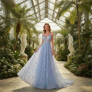 Robe de bal bleue à bretelles perlées, col en V profond, corsage brillant, dos lacé Hx129 - Product Image 1